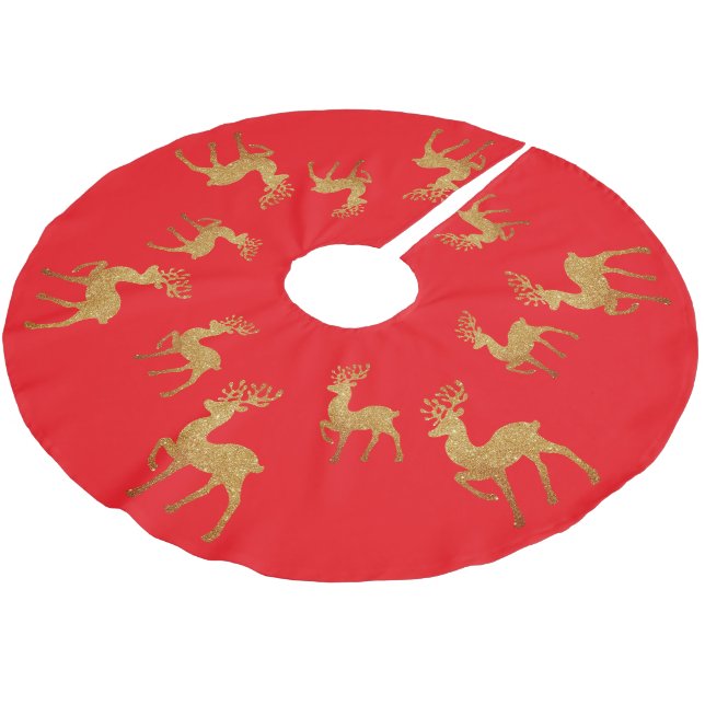 Red Merry Christmas Xmas santa reindeer Tree Skirt (Angled)