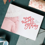 Red Merry Everything Christmas Photo Holiday Card<br><div class="desc">Red Merry Everything Christmas Holiday Photo Card. Funky script lettering with a soft floral backer. A holiday card with a general message to suit every customer!</div>