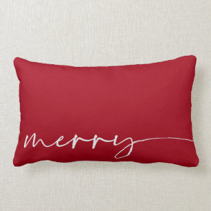Red Merry Hand Lettered Script Christmas Lumbar Pillow