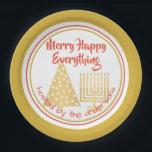 Red Merry Happy Everything Party Chrismukkah Paper Plate<br><div class="desc">Personalize these fun MERRY HAPPY EVERYTHING paper party plates in red, faux gold and white for a one of a kind Chrismukkah party. Featuring my faux gold polka dot modern Christmas tree and matching Hanukkah menorah, the design is finished with bright red mixed fonts and complimentary borders around the plate....</div>