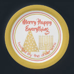 Red Merry Happy Everything Party Chrismukkah Paper Plate<br><div class="desc">Personalize these fun MERRY HAPPY EVERYTHING paper party plates in red, faux gold and white for a one of a kind Chrismukkah party. Featuring my faux gold polka dot modern Christmas tree and matching Hanukkah menorah, the design is finished with bright red mixed fonts and complimentary borders around the plate....</div>