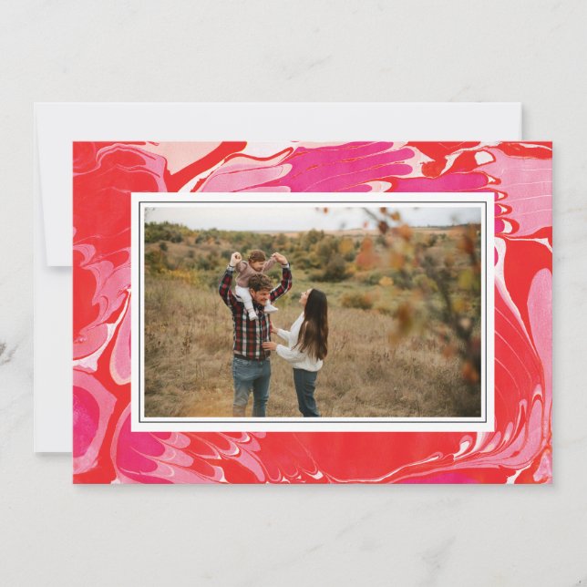 Red Merry Marble Horizontal Holiday Photo Card (Front)