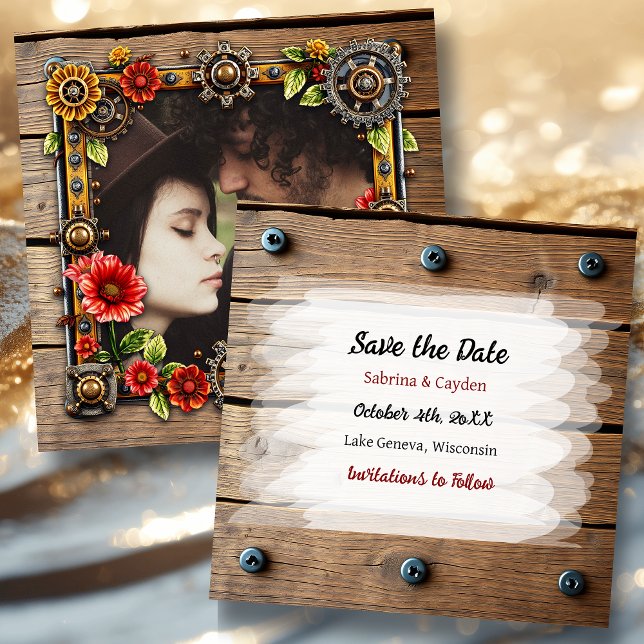 Red Metal Flowers Steampunk Personalized Wedding Save The Date (Creator Uploaded)