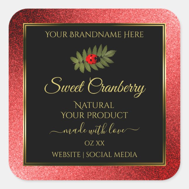 Red Metallic Glitter Black Product Labels Ladybug (Front)