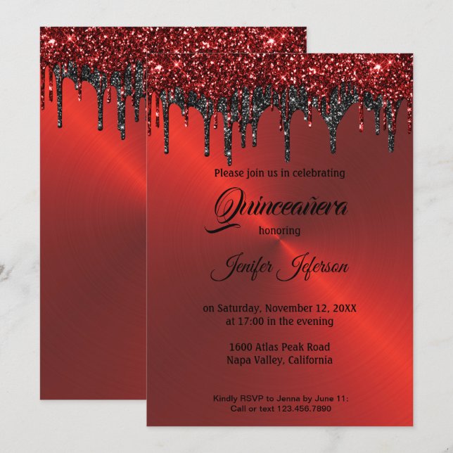 Red metallic glitter Quinceanera Invitation (Front/Back)