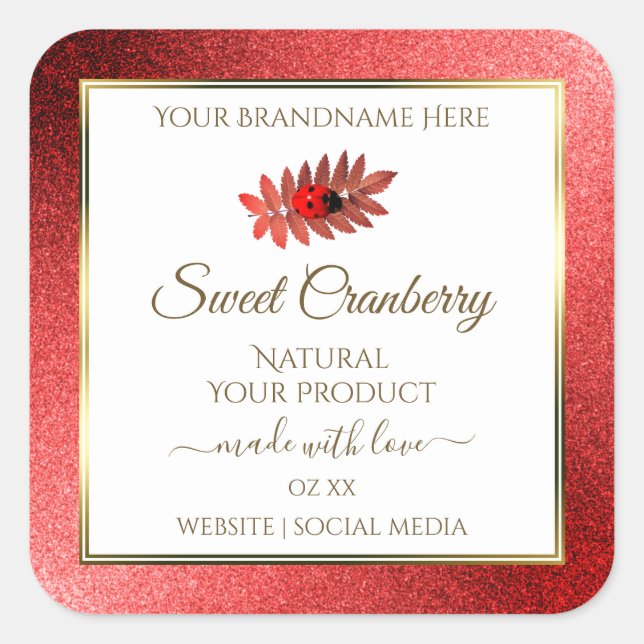 Red Metallic Glitter White Product Labels Ladybug (Front)