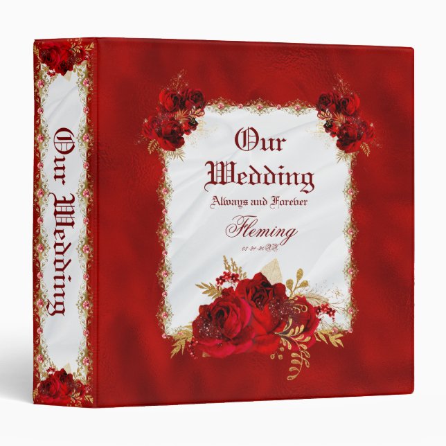 Red Metallic White Satin Gold Floral Wedding Binder (Front/Spine)