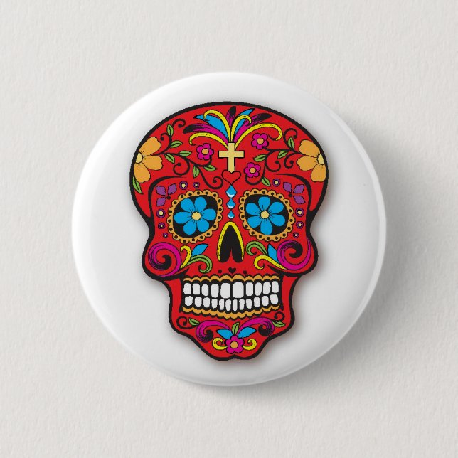 Red Mexican Sugar Skull Day of the Dead 2 Inch Round Button (Front)