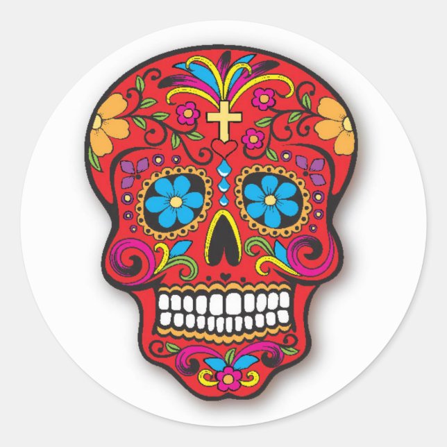Red Mexican Sugar Skull Day of the Dead Classic Round Sticker (Front)