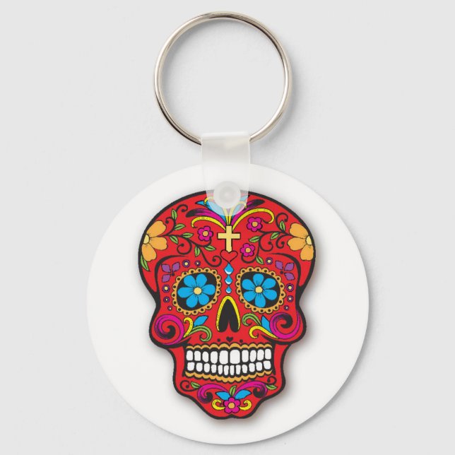 Red Mexican Sugar Skull Day of the Dead Keychain (Front)