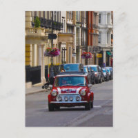 Red Mini Cooper car city scene postcard