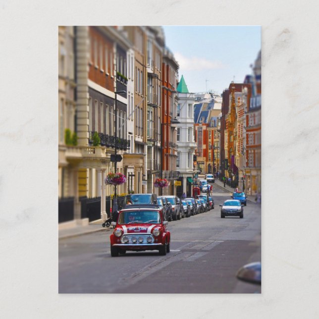 Red Mini Cooper car city scene postcard (Front)
