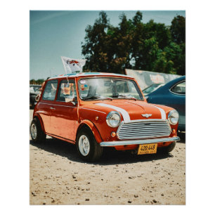 Red mini cooper car with union jack rook poster