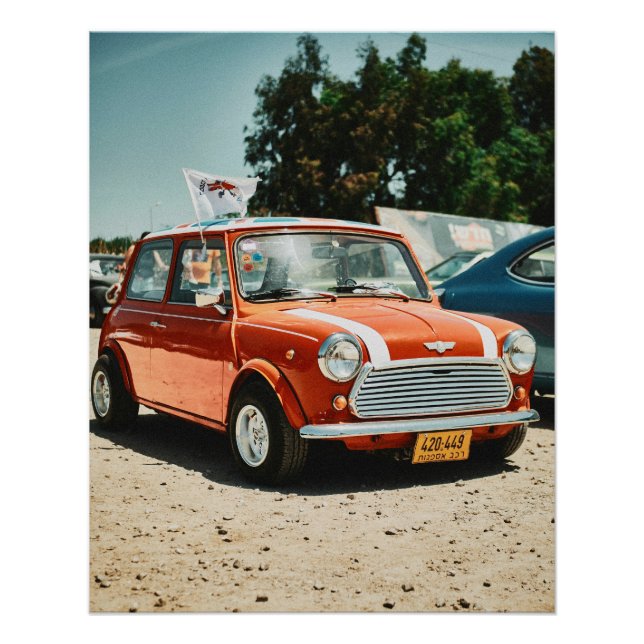 Red mini cooper car with union jack rook poster (Front)