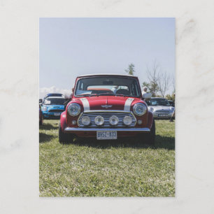Red Mini cooper, vintage car automobile postcard