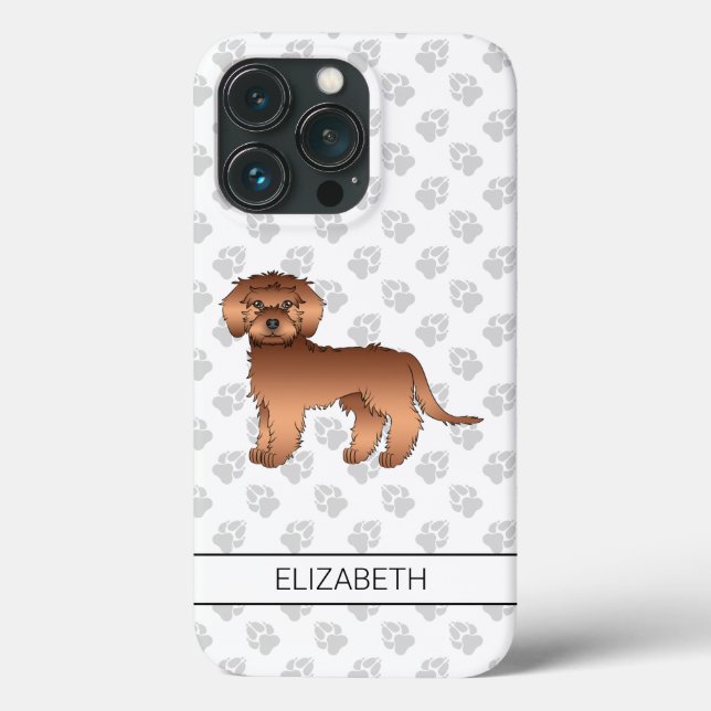 Red Mini Goldendoodle Cartoon Dog & Name Case-Mate iPhone Case (Back)