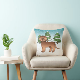 Red Mini Goldendoodle Dog In A Winter Forest Throw Pillow