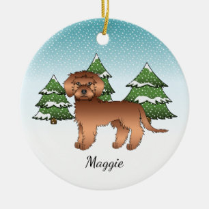 Red Mini Goldendoodle - Winter Forest & Name Ceramic Ornament