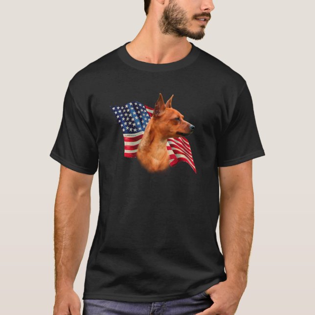 Red Miniature Pinscher American Flag; Min Pin Flag T-Shirt (Front)