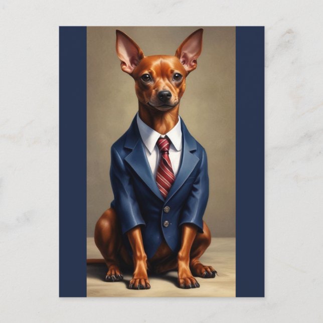 Red Miniature Pinscher Wearing Suit and Tie Postcard (Front)