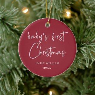 Red Minimal Elegant Photo Baby's Frist Christmas Ceramic Ornament
