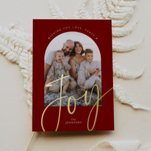 Red Minimal Joy Modern Script Arch Photo Christmas Foil Holiday Card
