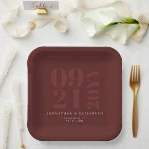 Red Minimalist Bold Type Wedding Paper Plate