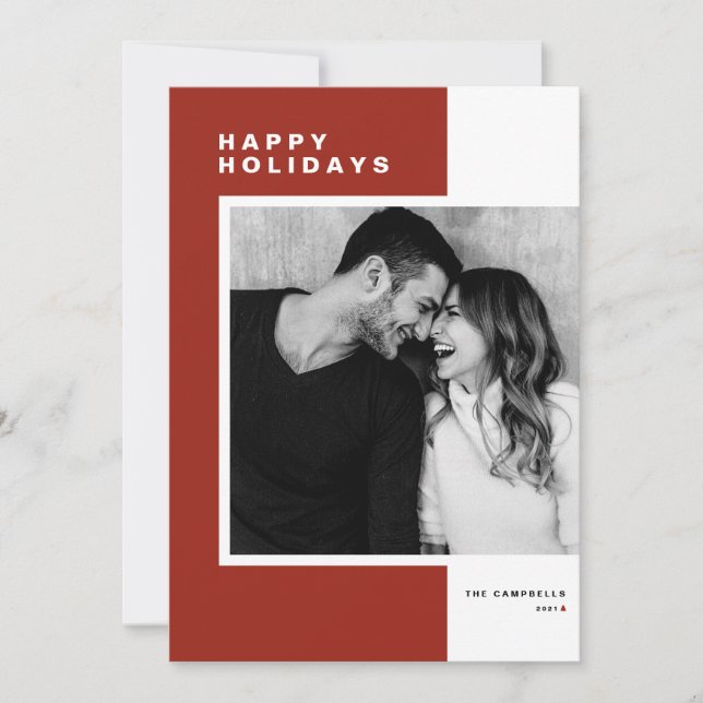 Red Minimalist Colour Block Happy Holidays Photo Holiday Card (Front)