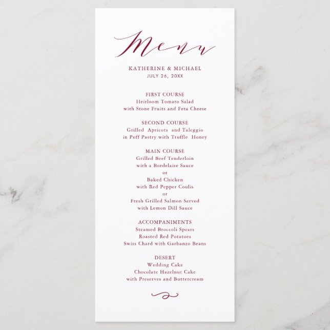 Red Minimalist Dainty Script Wedding Menu (Front)