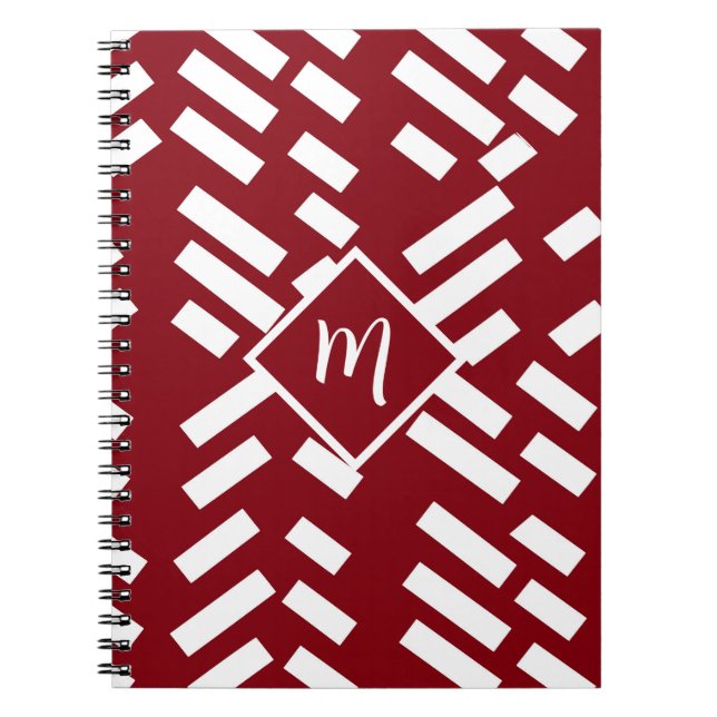Red Minimalist Diagonal Striped Pattern, Monogram Notebook (Front)