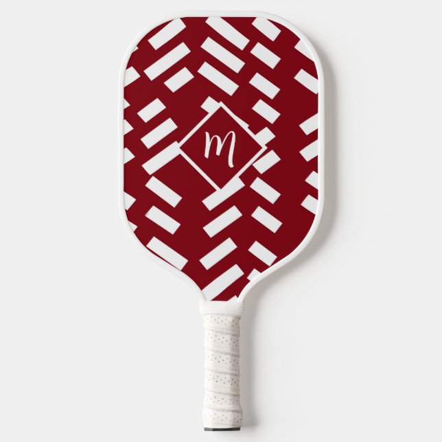 Red Minimalist Diagonal Striped Pattern, Monogram Pickleball Paddle (Front)