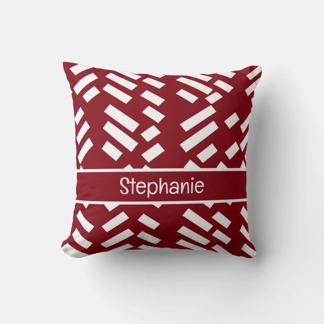 Red Minimalist Diagonal Striped Pattern With Name Throw Pillow (Front)