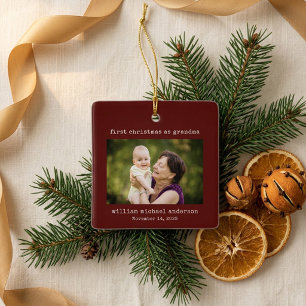 Red Minimalist First Christmas as Grandma Photo Ceramic Ornament