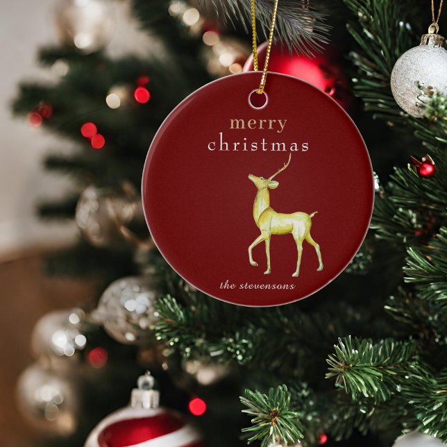 Red Minimalist Merry Christmas Gold Reindeer Ceramic Ornament (Creator Uploaded)