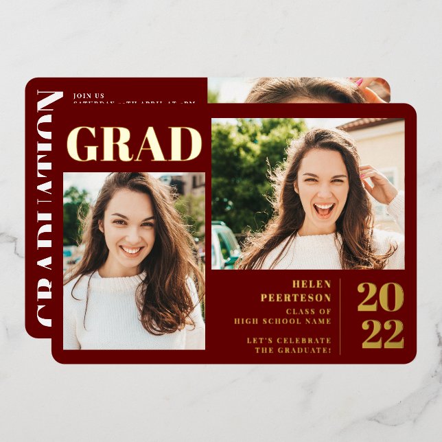 Red minimalist modern 3 photos graduation (Front/Back)