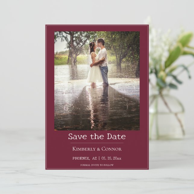 Red Minimalist Modern Photo  Save The Date (Standing Front)