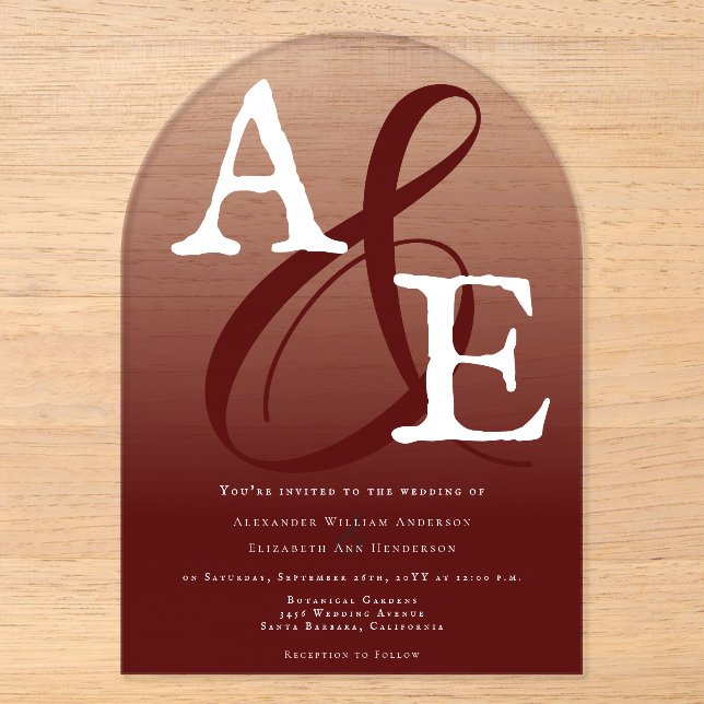 Red Minimalist Monogram Wedding Acrylic Invitations (Front)