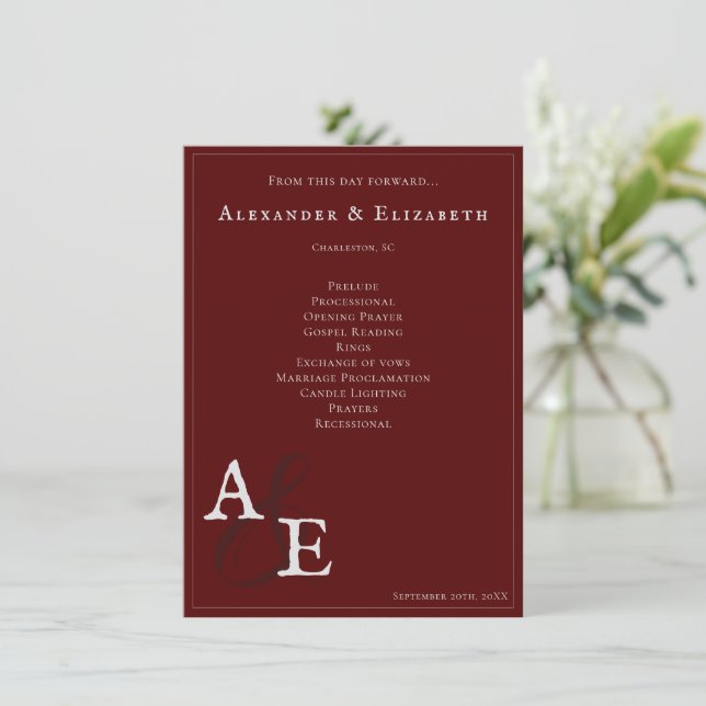 Red Minimalist Monogram Wedding Program (Standing Front)