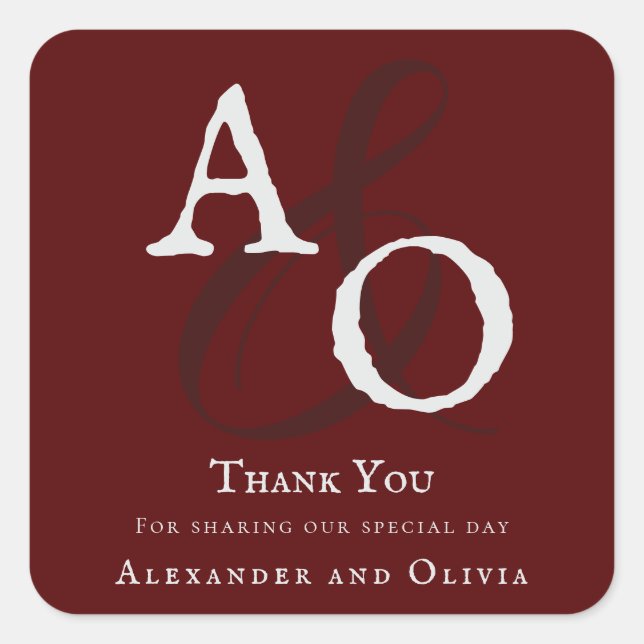 Red Minimalist Monogram Wedding Thank You Square Sticker (Front)