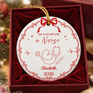 Red Minimalist Nurse Christmas Custom Name Year Ceramic Ornament
