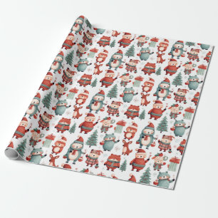 Red Mint Reindeer Bear Santa Pattern Christmas Wrapping Paper