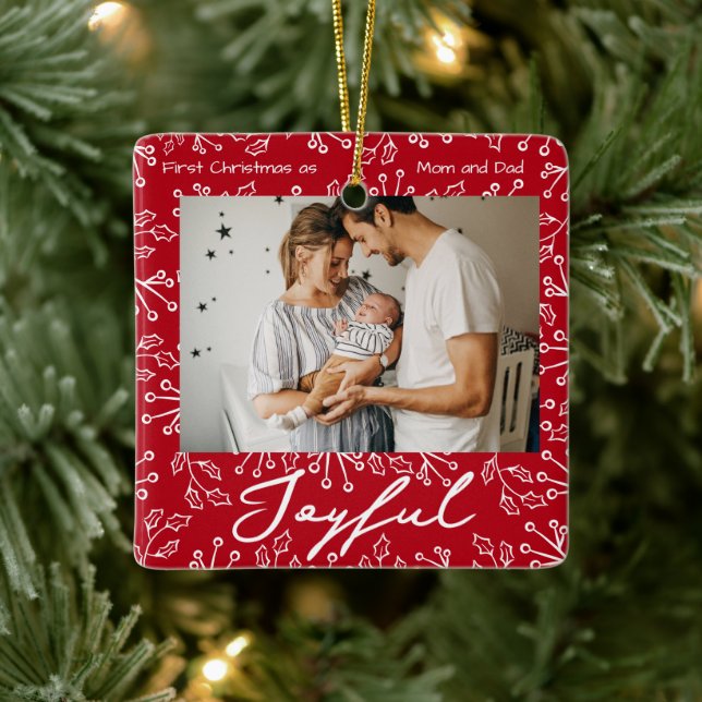 Red Mistletoe Doodles 2 Photos Joyful  Ceramic Ornament (Tree)