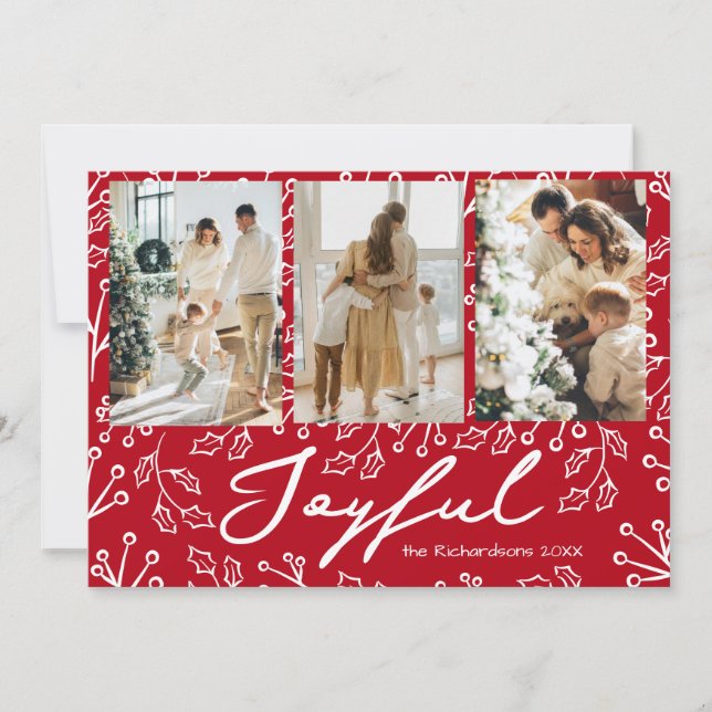 Red Mistletoe Doodles 3 Photos Joyful  Holiday Card (Front)