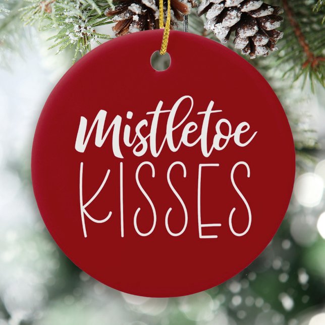 Red Mistletoe Kisses Newlwed Photo Christmas Ceramic Ornament (A cute newlywed photo ornament, Add your photo and names on the back.)