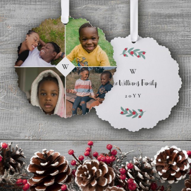 Red Mistletoe White Monogram Photo Collage Family Ornament Card (Creator Uploaded)
