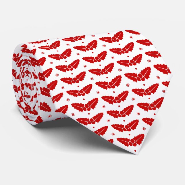 Red Mistletoes on White Background Christmas Tie (Rolled)