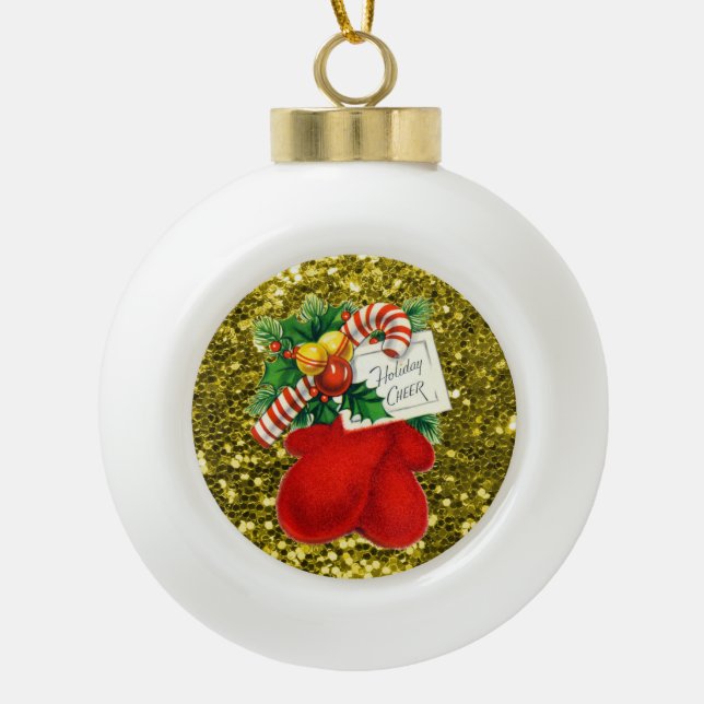 Red Mittens Candy Cane Gold Faux Glitter Ceramic Ball Christmas Ornament (Front)