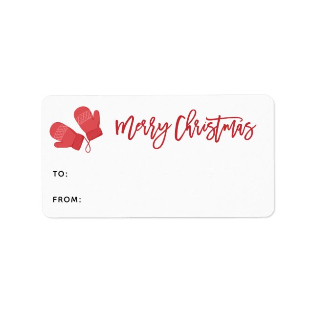 Red Mittens Joyeux Noël Script Étiquette cadeau (Devant)
