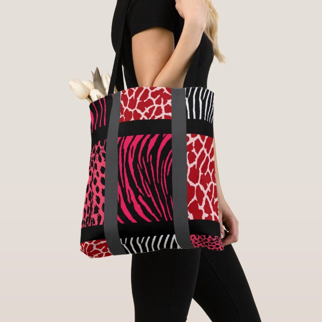 Red Mixed Animal Print Tote Bag (Close Up)