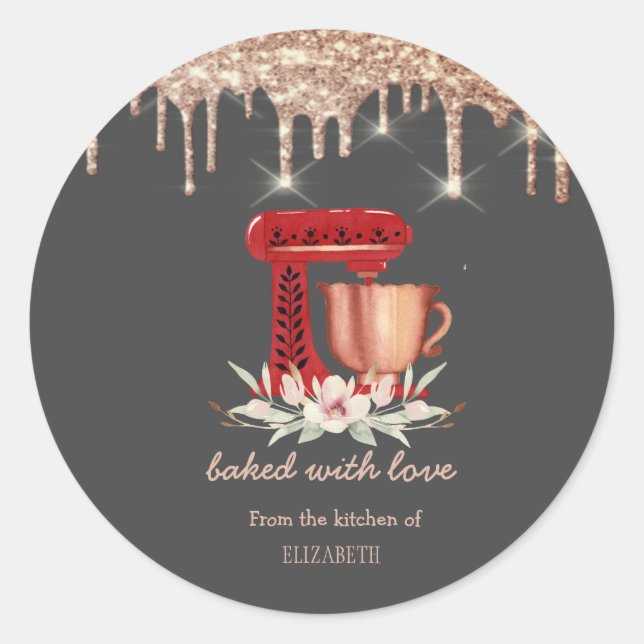 Red Mixer Flowers Drips Bakery   Classic Round Sticker (Front)